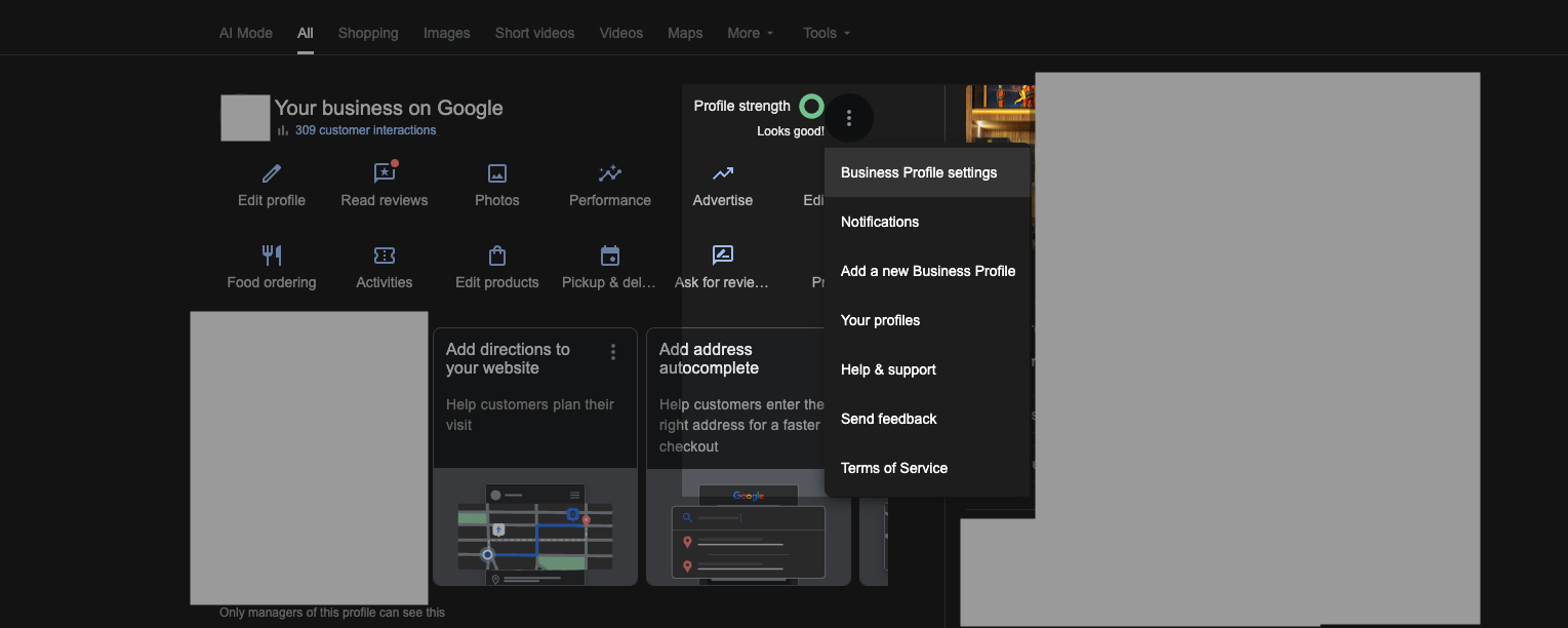 Business Profile dropdown menu