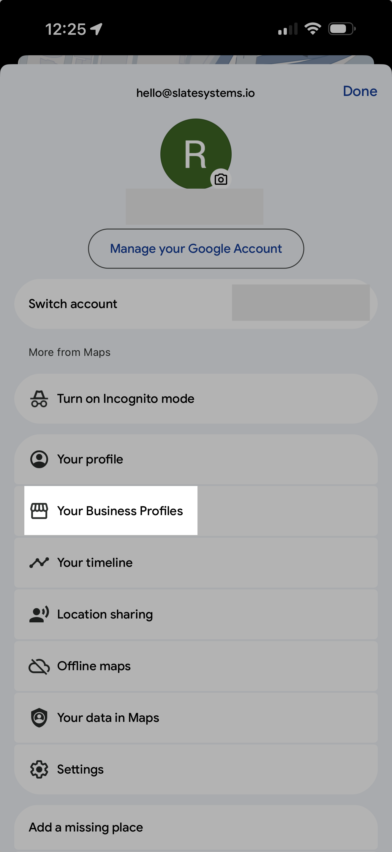 Google Maps profile menu