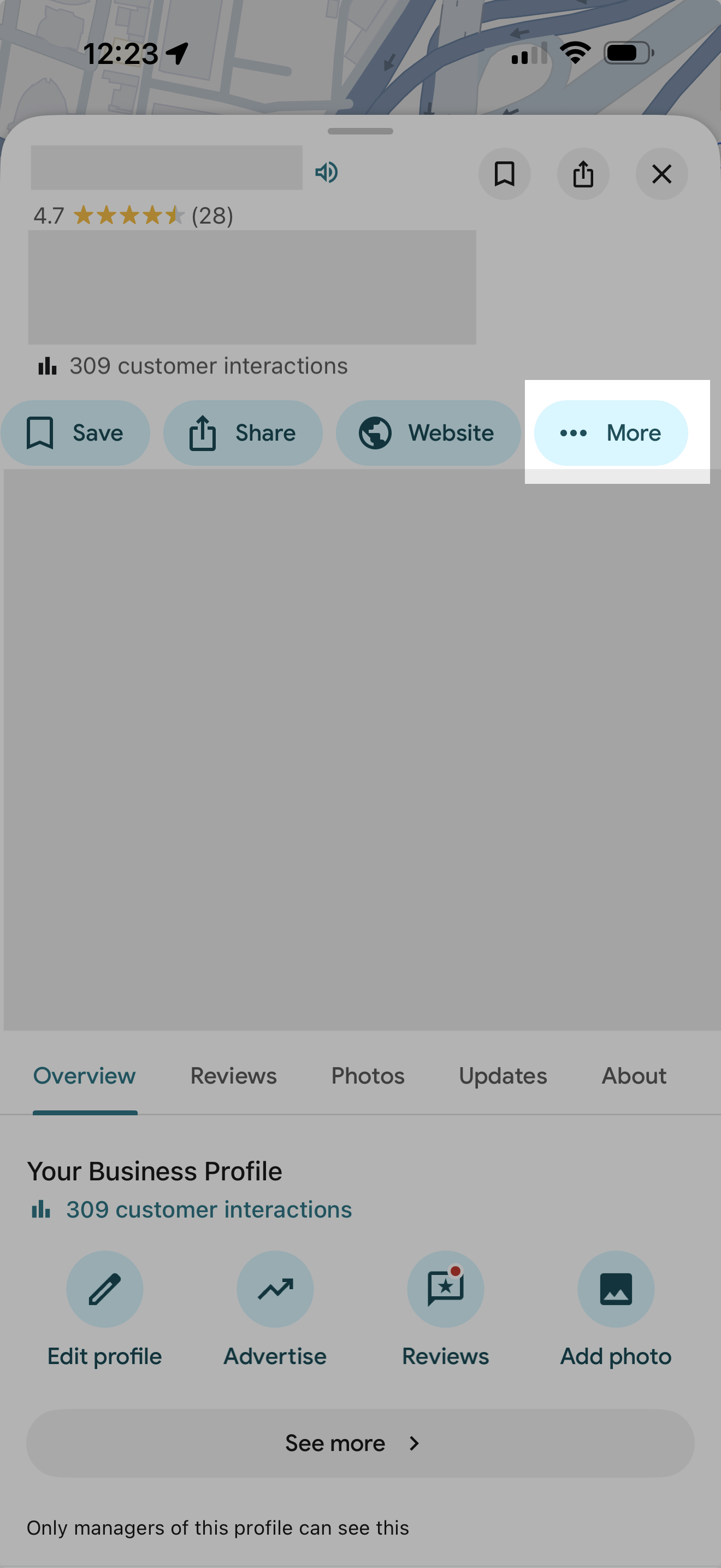 Business profile with More button