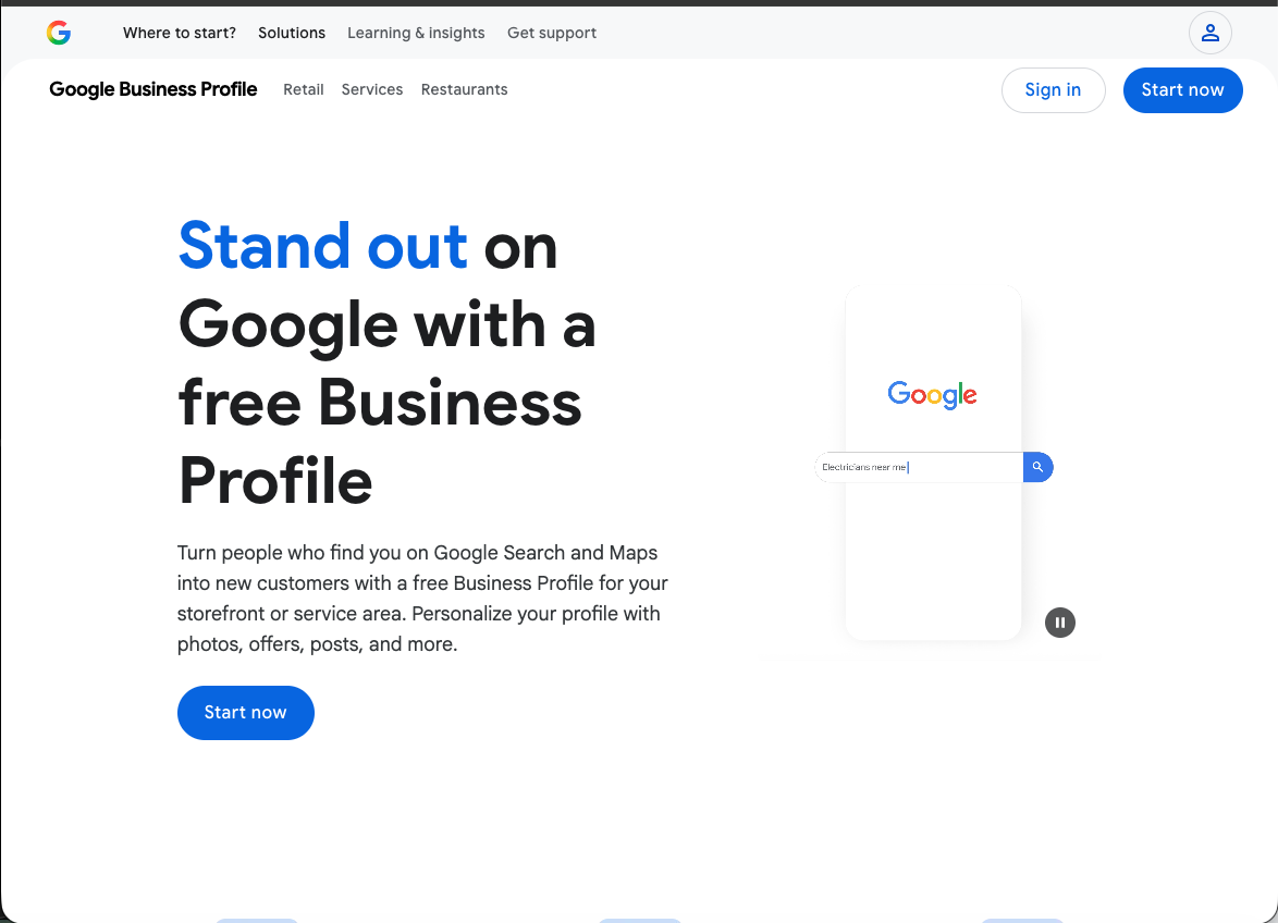 Google Business Profile landing page